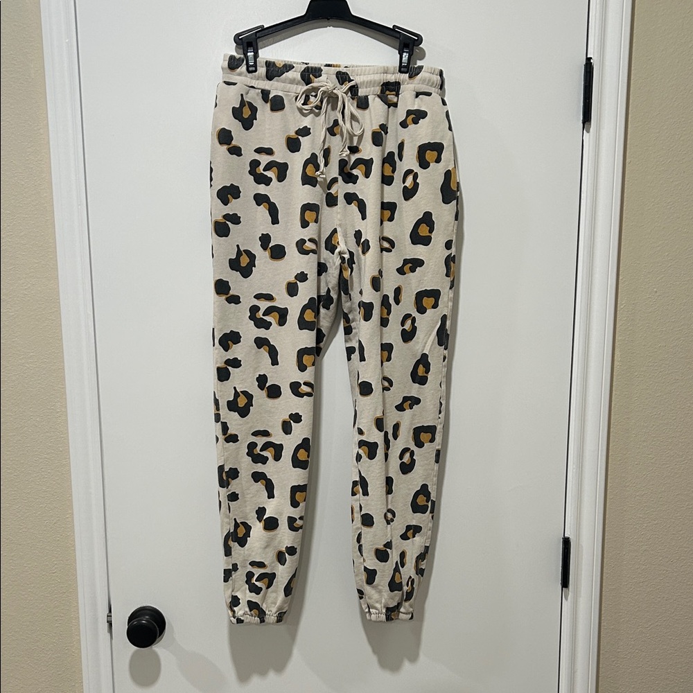 easel Beige Joggers with Black and Mustard Leopard Accent